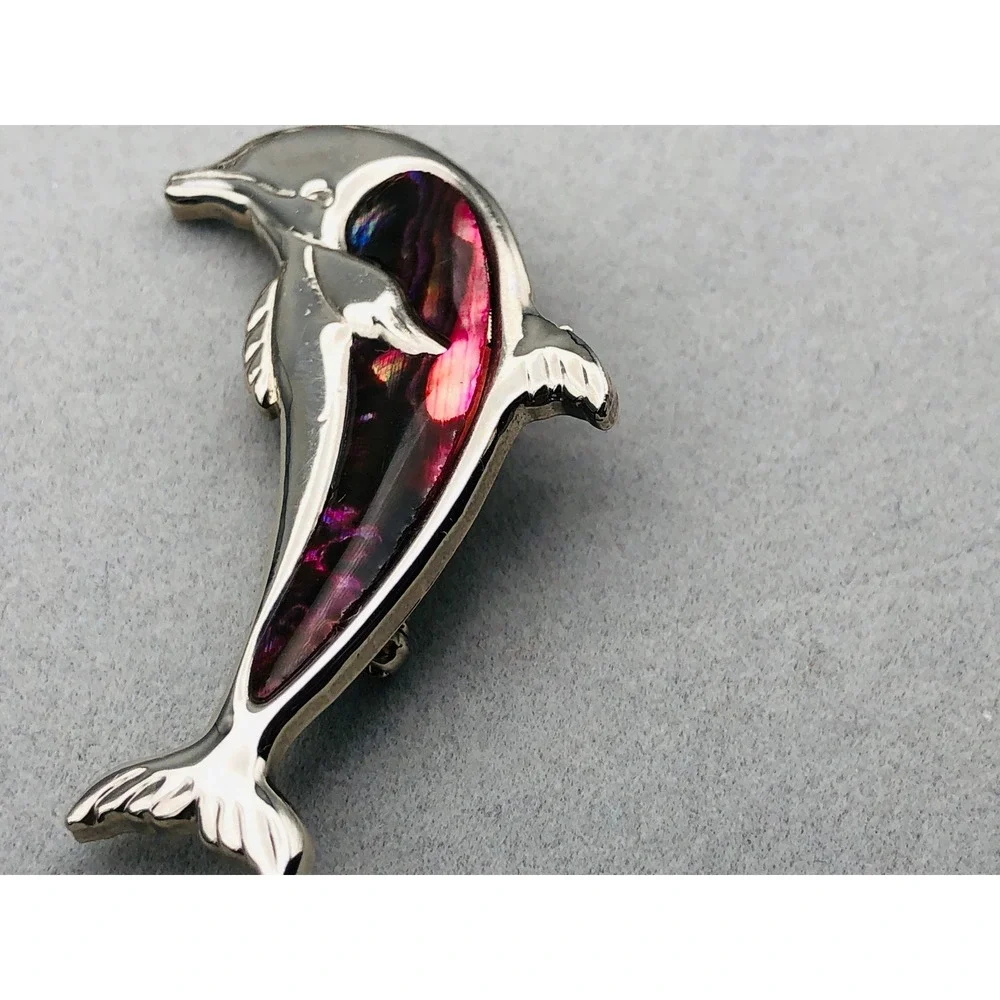 Vintage Brooch‎ Pin Lot Dolphin Flower Faux Pearl Green Stone Leaf Silver Tone